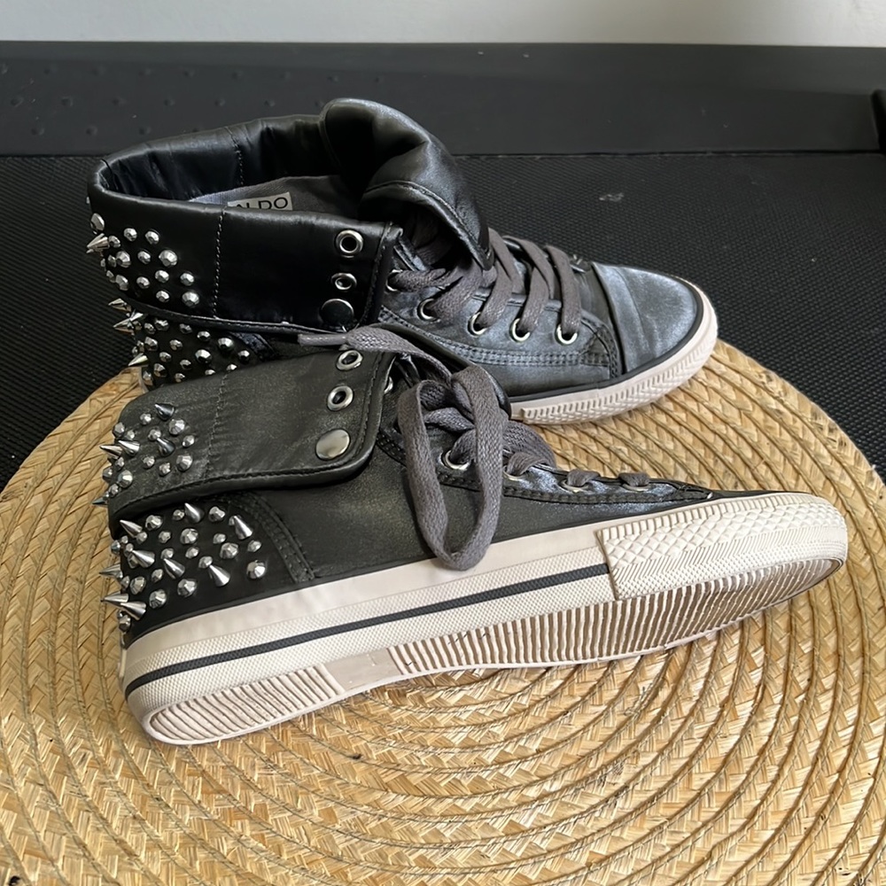 Aldo Silver Spikes Studs Satin High Top Canvas Sneakers Size 6